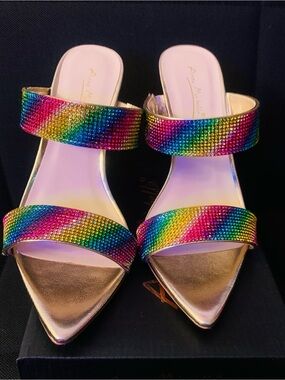 Rainbow Crystal Double-Strap Mule - Gold Metallic